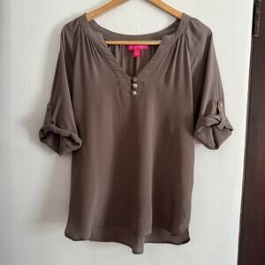 POOKIE & SEBASTIAN | Brown Silk V Neck Henley Popover Shirt Roll Sleeves | Small